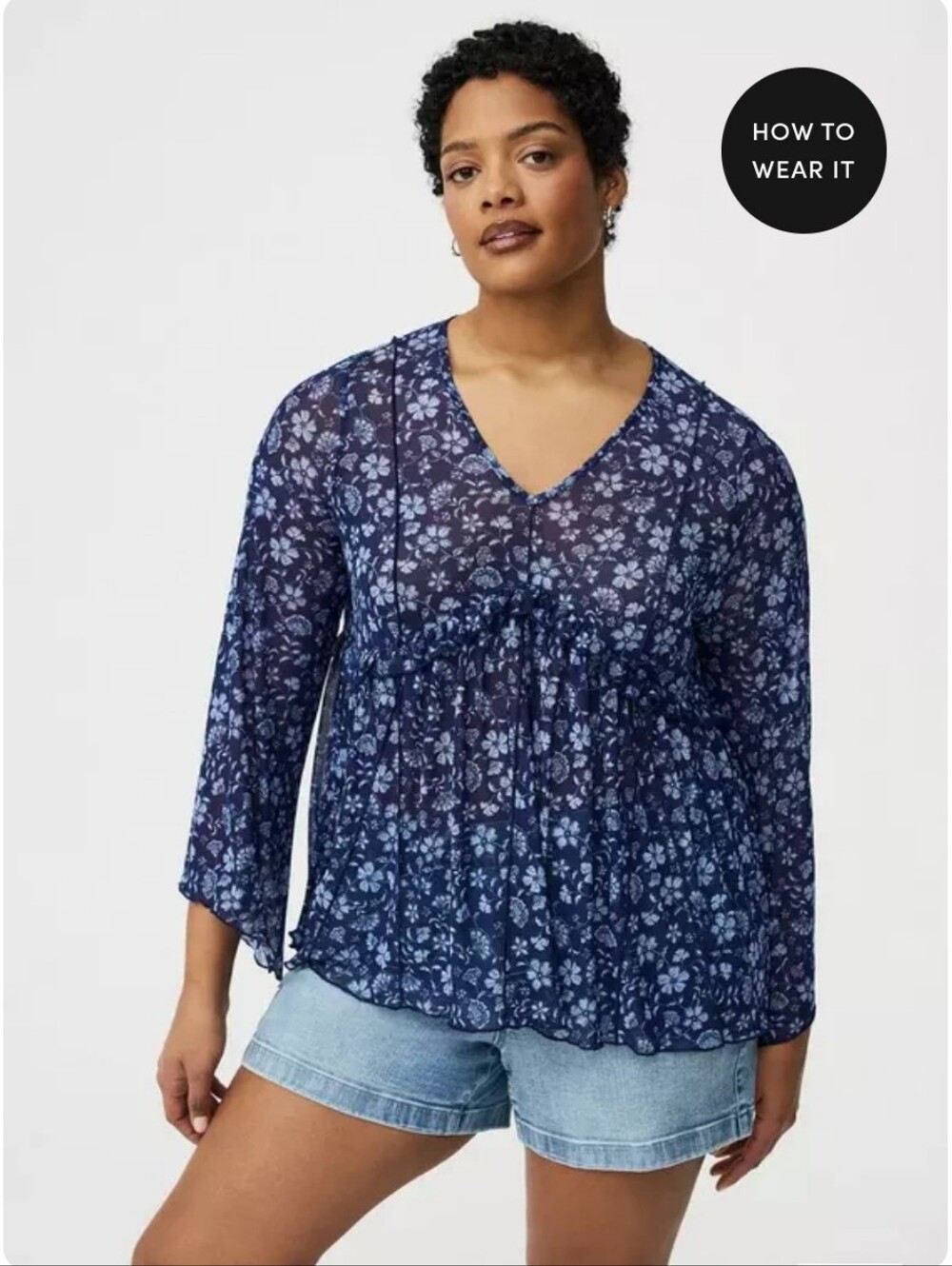 Torrid Navy Floral V-Neck Sheer Peasant Blouse
